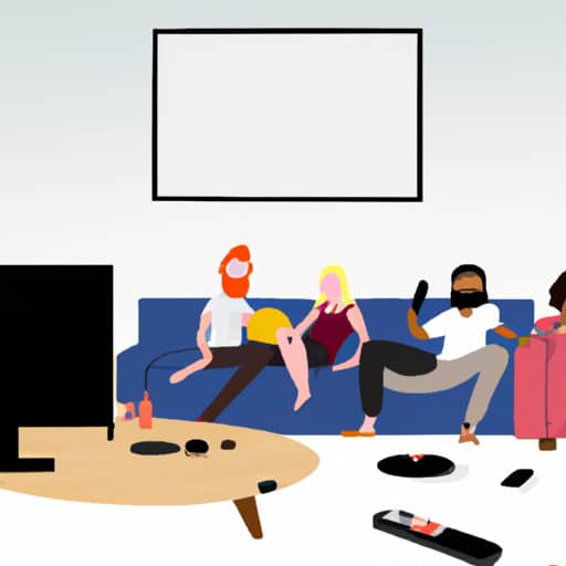 An image showcasing a diverse group of individuals lounging on a cozy couch, surrounded by a variety of affordable streaming devices such as Roku, Fire TV Stick, Chromecast, and Apple TV, all connected to a sleek, modern television