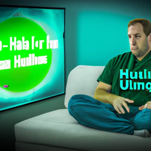 An image that showcases a frustrated viewer sitting on a couch, surrounded by frozen frames from Hulu ads on the TV screen, while a technician in a Hulu-branded shirt troubleshoots the issue
