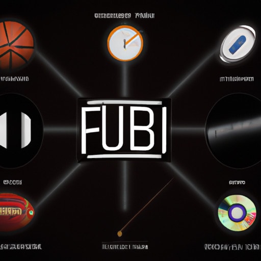 An image showcasing a diverse range of sports and entertainment icons, such as a football player, a musician, a movie reel, and a basketball hoop, symbolizing Fubo's all-encompassing streaming service