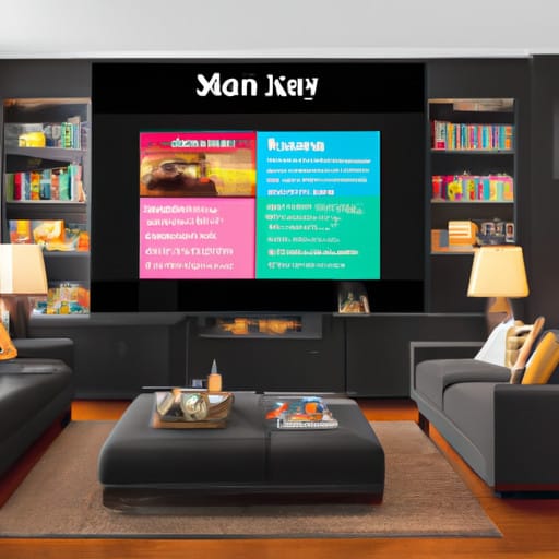 An image showcasing a cozy living room with a large flat-screen TV displaying the vibrant HBO Max interface